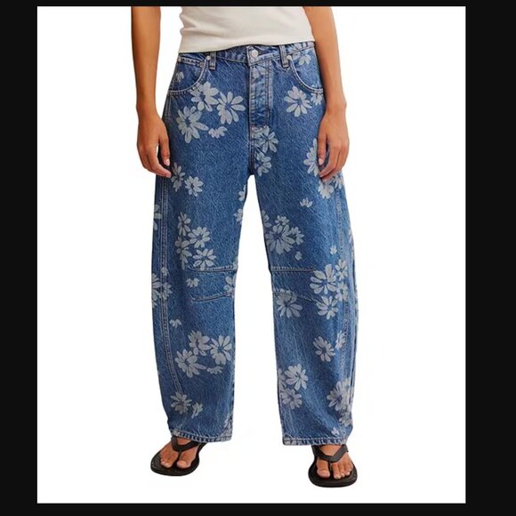 We the Free People Good Luck Floral Printed Mid Rise Barrel Jeans Laser Daisy 28 - Picture 1 of 1